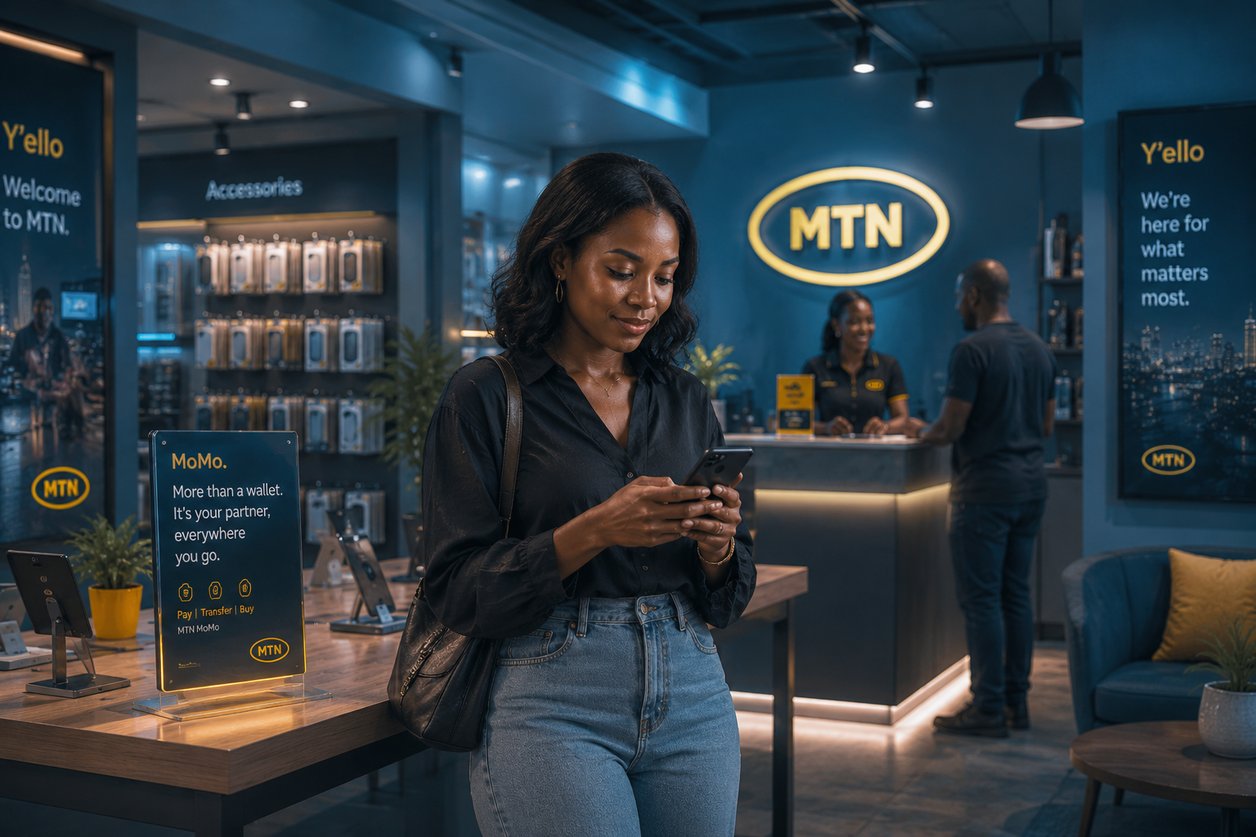 A lady standing outside a MTN Store 