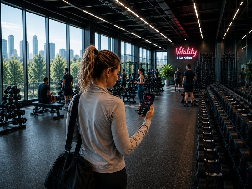 A lady in a gym using the Vitality app 