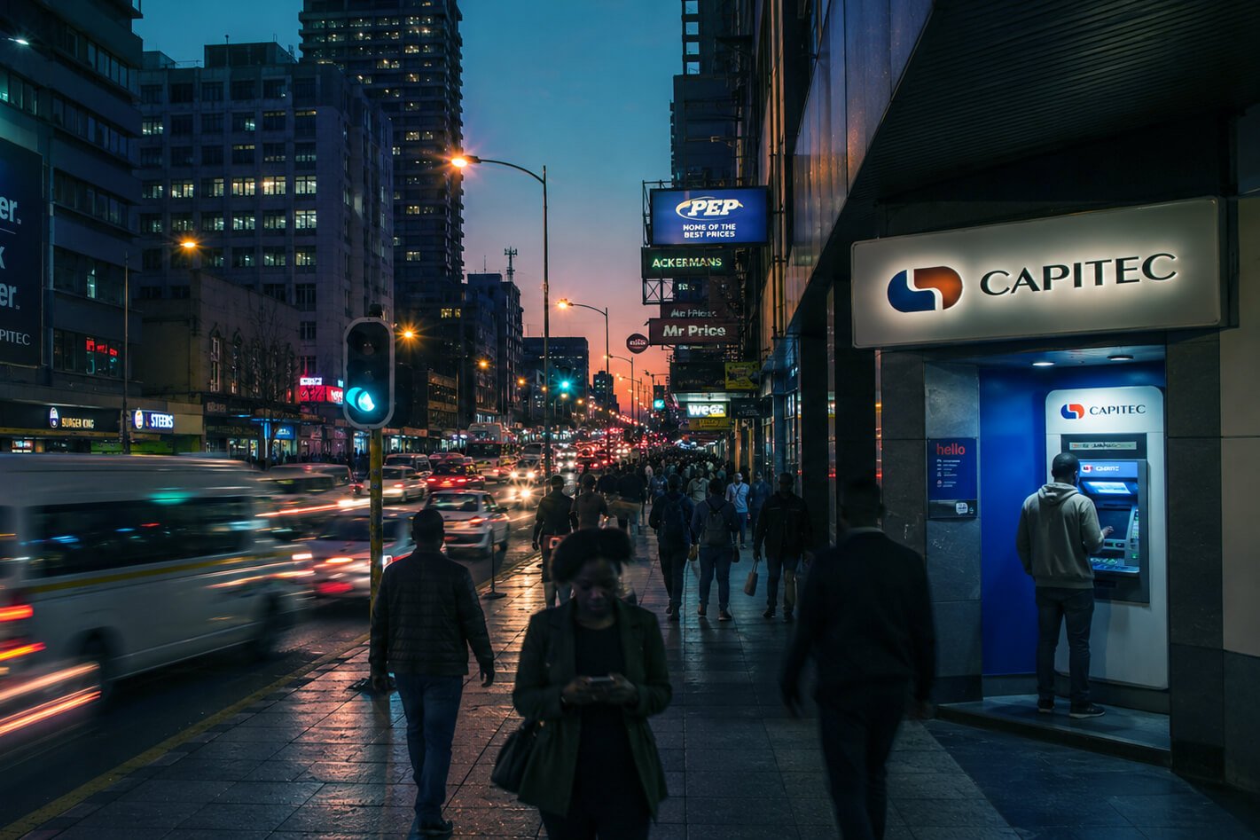 Capitec retail branch with a street ATM at dusk