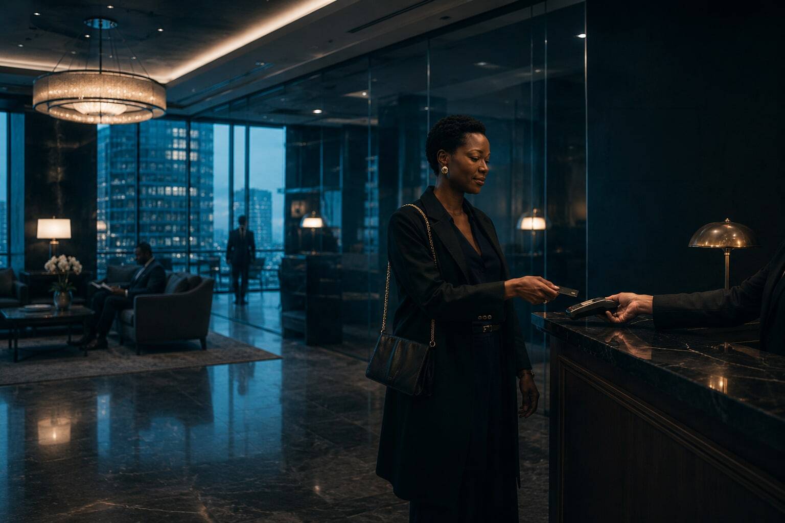 A banking professional working late in a dark, modern office