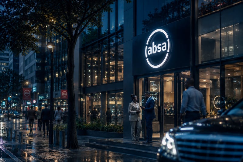 An Absa bank branch with people standing outside 