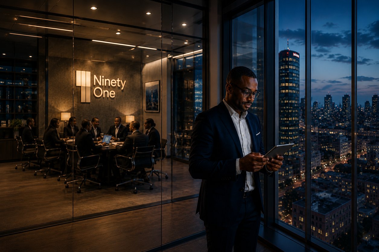 People sitting in a Ninety One boardroom 