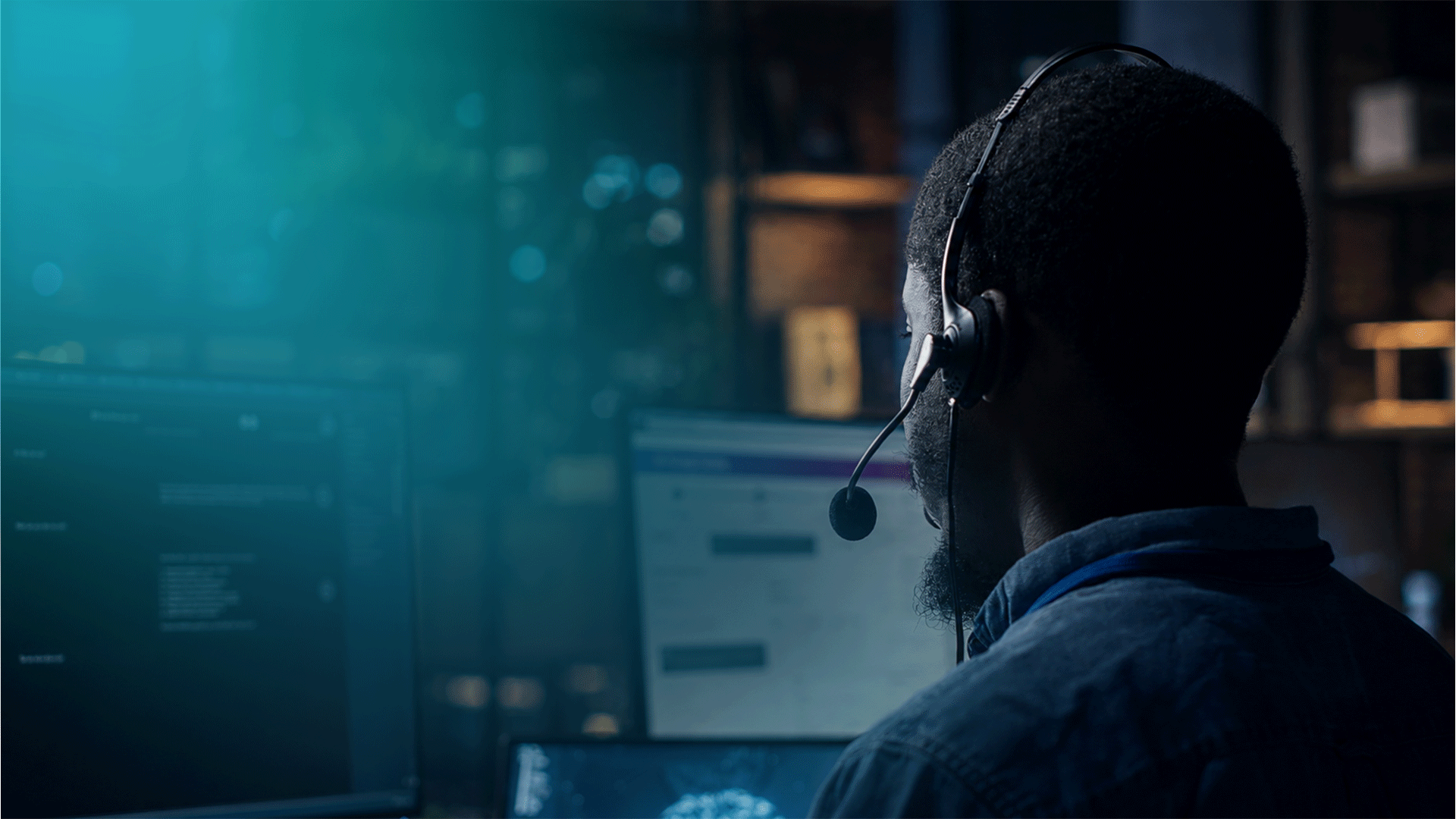 A man working on a computer with headphones on